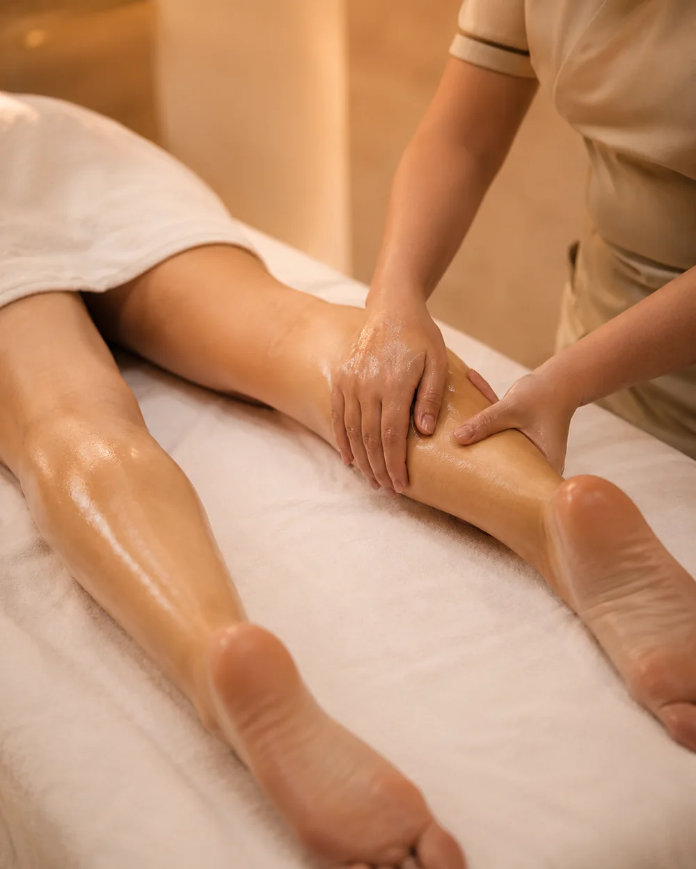 Drenagem linfática manual nas pernas em clínica de estética