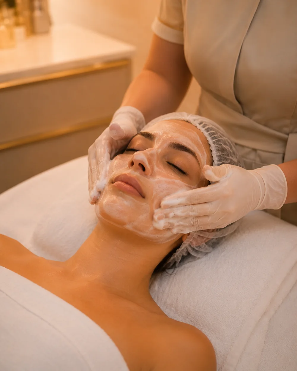 Limpeza de pele manual com espuma aplicada pela esteticista